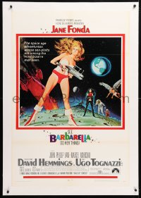 6s051 BARBARELLA linen 1sh 1968 sexiest sci-fi art of Jane Fonda by Robert McGinnis, Roger Vadim!