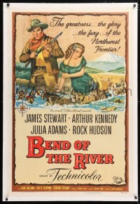 6s056 BEND OF THE RIVER linen 1sh 1952 art of Jimmy Stewart & Julia Adams, directed by Anthony Mann!