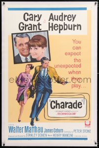 6s080 CHARADE linen 1sh 1963 art of tough Cary Grant & sexy Audrey Hepburn, expect the unexpected!