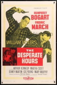 6s113 DESPERATE HOURS linen 1sh 1955 Humphrey Bogart attacks Fredric March from behind, William Wyler