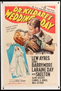 6s125 DR. KILDARE'S WEDDING DAY linen 1sh 1941 art of Lew Ayres & Laraine Day embracing + bride!