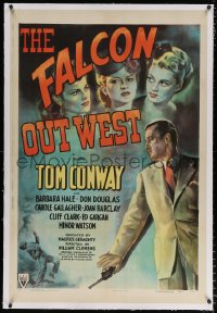 6s128 FALCON OUT WEST linen 1sh 1944 great art of Tom Conway as The Falcon with three sexy suspects!