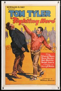 6s136 FIGHTING HERO linen 1sh 1934 great art of cowboy Tom Tyler punching much taller bad guy!