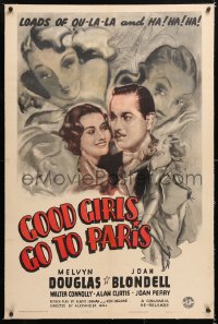 6s154 GOOD GIRLS GO TO PARIS linen 1sh R1947 art of sexy Joan Blondell & Melvyn Douglas, ou-la-la!