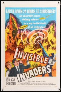 6s185 INVISIBLE INVADERS linen 1sh 1959 cool artwork of alien who gives Earth 24 hours to surrender!