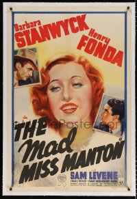 6s227 MAD MISS MANTON linen 1sh 1938 Henry Fonda, Barbara Stanwyck & society friends solve a murder!