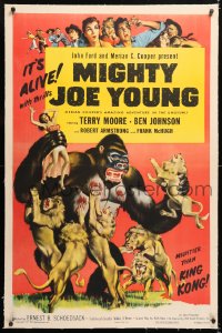 6s239 MIGHTY JOE YOUNG linen 1sh R1953 first Ray Harryhausen, great art of ape rescuing girl from lions!