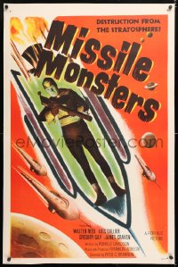 6s241 MISSILE MONSTERS linen 1sh 1958 aliens bring destruction from the stratosphere, wacky art!
