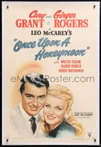 6s264 ONCE UPON A HONEYMOON linen 1sh 1942 wonderful smiling portrait of Ginger Rogers & Cary Grant!