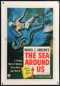 6s309 SEA AROUND US linen 1sh 1953 Rachel Carson, cool art of scuba diver attacking eel underwater!