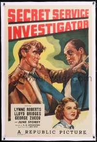 6s310 SECRET SERVICE INVESTIGATOR linen 1sh 1948 art of Lloyd Bridges helping catch counterfeiters!