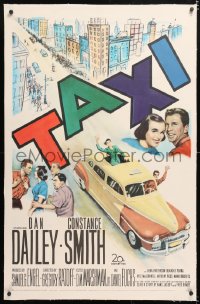 6s343 TAXI linen 1sh 1953 artwork of Dan Dailey & Constance Smith in yellow cab in New York City!