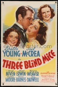 6s351 THREE BLIND MICE linen 1sh 1938 Loretta Young wants millionaire Joel McCrea as her husband!
