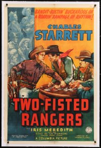 6s366 TWO-FISTED RANGERS linen 1sh 1939 art of Charles Starrett catching guy cheating at poker!