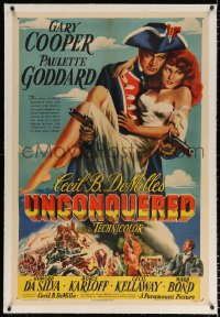 6s367 UNCONQUERED linen 1sh 1947 cool art of Gary Cooper holding sexy Paulette Goddard & two guns!
