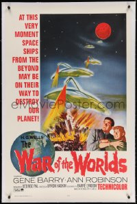 6s374 WAR OF THE WORLDS linen 1sh R1965 H.G. Wells & George Pal, great different art, ultra rare!