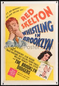6s382 WHISTLING IN BROOKLYN linen 1sh 1943 Red Skelton & art of Brooklyn Dodgers baseball player!