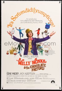 6s385 WILLY WONKA & THE CHOCOLATE FACTORY linen 1sh 1971 Gene Wilder, it's scrumdidilyumptious!