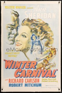 6s389 WINTER CARNIVAL linen 1sh R1948 Ann Sheridan, Robert Mitchum top billed, great snow sports art!