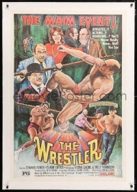 6s394 WRESTLER linen 1sh 1974 Edward Asner, really cool wrestling artwork, The Maim Event!
