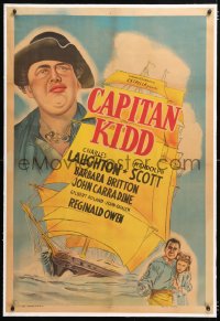 6t352 CAPTAIN KIDD linen Argentinean 1945 cool artwork of pirate Charles Laughton & his ship, rare!