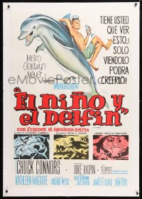 6t358 FLIPPER linen Argentinean 1963 Chuck Connors, Luke Halpin, Reynold Brown art of boy & dolphin!