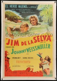 6t366 JUNGLE JIM linen Argentinean 1950 art of Weissmuller & Virginia Grey in river with crocodile!