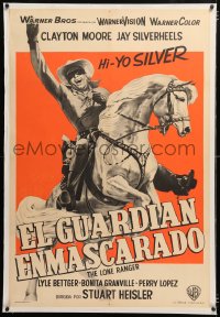 6t369 LONE RANGER linen Argentinean 1956 art of masked hero Clayton Moore on rearing Silver, rare!