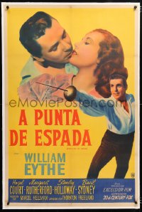 6t373 MEET ME AT DAWN linen Argentinean 1947 swordsman William Eythe about to kiss Hazel Court!