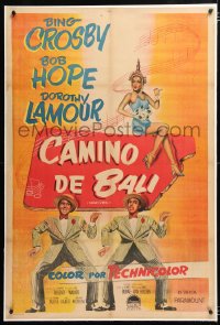 6t378 ROAD TO BALI linen Argentinean 1952 art of Bing Crosby, Bob Hope & sexy Dorothy Lamour!