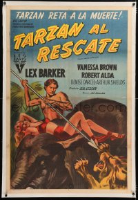 6t382 TARZAN & THE SLAVE GIRL linen Argentinean 1953 different art of Lex Barker on elephant, rare!