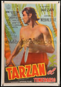 6t383 TARZAN'S DESERT MYSTERY linen Argentinean R1950s c/u art of Johnny Weissmuller with knife!