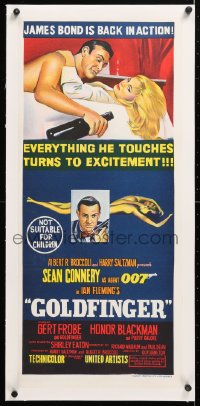 6t284 GOLDFINGER linen Aust daybill 1964 great art of Sean Connery as James Bond, back in action!