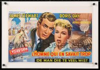 6t312 MAN WHO KNEW TOO MUCH linen Belgian 1956 art of James Stewart & Doris Day, Alfred Hitchcock!