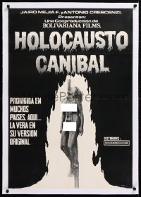 6t224 CANNIBAL HOLOCAUST linen Colombian poster 1981 gruesome image of naked woman impaled on pole!