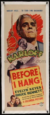 6t033 BEFORE I HANG linen insert 1940 mad scientist Boris Karloff kills to turn time backward, rare!