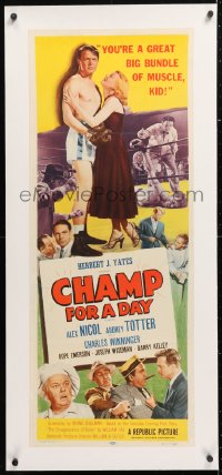 6t036 CHAMP FOR A DAY linen insert 1953 Audrey Totter calls boxer Alex Nicol a bundle of muscle!