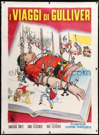 6t260 GULLIVER'S TRAVELS linen Italian 1p R1960s great cartoon art of bound giant & little people!