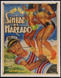 6t238 SIMBAD EL MAREADO linen Mexican poster 1950 art of Tin Tan on beach with sexy girls by Cabral!