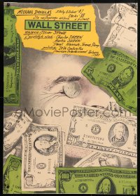 6t298 WALL STREET linen Polish 27x38 1988 Oliver Stone, artwork of man buried in money by Pagowski!