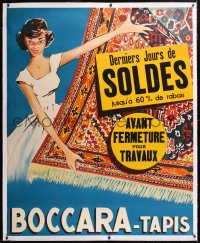 6t176 BOCCARA - TAPIS linen 46x56 French advertising poster 1950s art of pretty woman selling rugs!