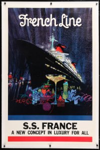 6t122 COMPAGNIE GENERALE TRANSATLANTIQUE linen 30x46 travel poster 1961 Bob Peak art of oceanliner!