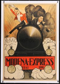 6t112 MODENA EXPRESS linen 28x40 Italian travel poster 1930s wonderful stone litho of men on train!