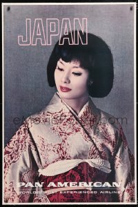6t124 PAN AMERICAN JAPAN linen 28x42 travel poster 1960s great portrait of pretty woman in kimono!