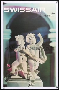 6t118 SWISSAIR EUROPE linen 26x40 Swiss travel poster 1961 Nikolaus Schwabe art of paper sculptures!