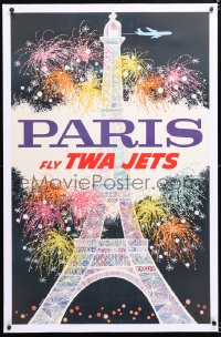6t130 TWA PARIS linen 26x40 travel poster 1960s David Klein art of Eiffel Tower & fireworks!