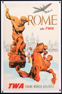 6t133 TWA ROME linen 25x40 travel poster 1950s Klein art of Constellation aircraft over city!