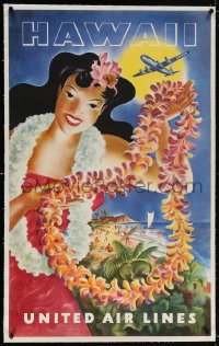 6t135 UNITED AIR LINES HAWAII linen 25x40 travel poster 1950s Feher art of tropical beauty, rare!