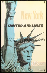 6t136 UNITED AIR LINES NEW YORK linen 25x40 travel poster 1950s Galli art of Statue of Liberty!