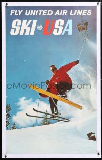6t137 UNITED AIR LINES SKI USA linen 25x40 travel poster 1960s wonderful image of skiers in mid-jump!
